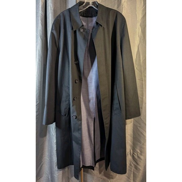 Vintage Men's Overcoat Navy Blue Removable Faux Fur Lining Trench XL (E04)